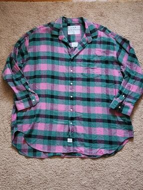 FRANK & EILEEN Mackenzie Italian Heavy Flannel Pink Green Plaid Oversized O/S